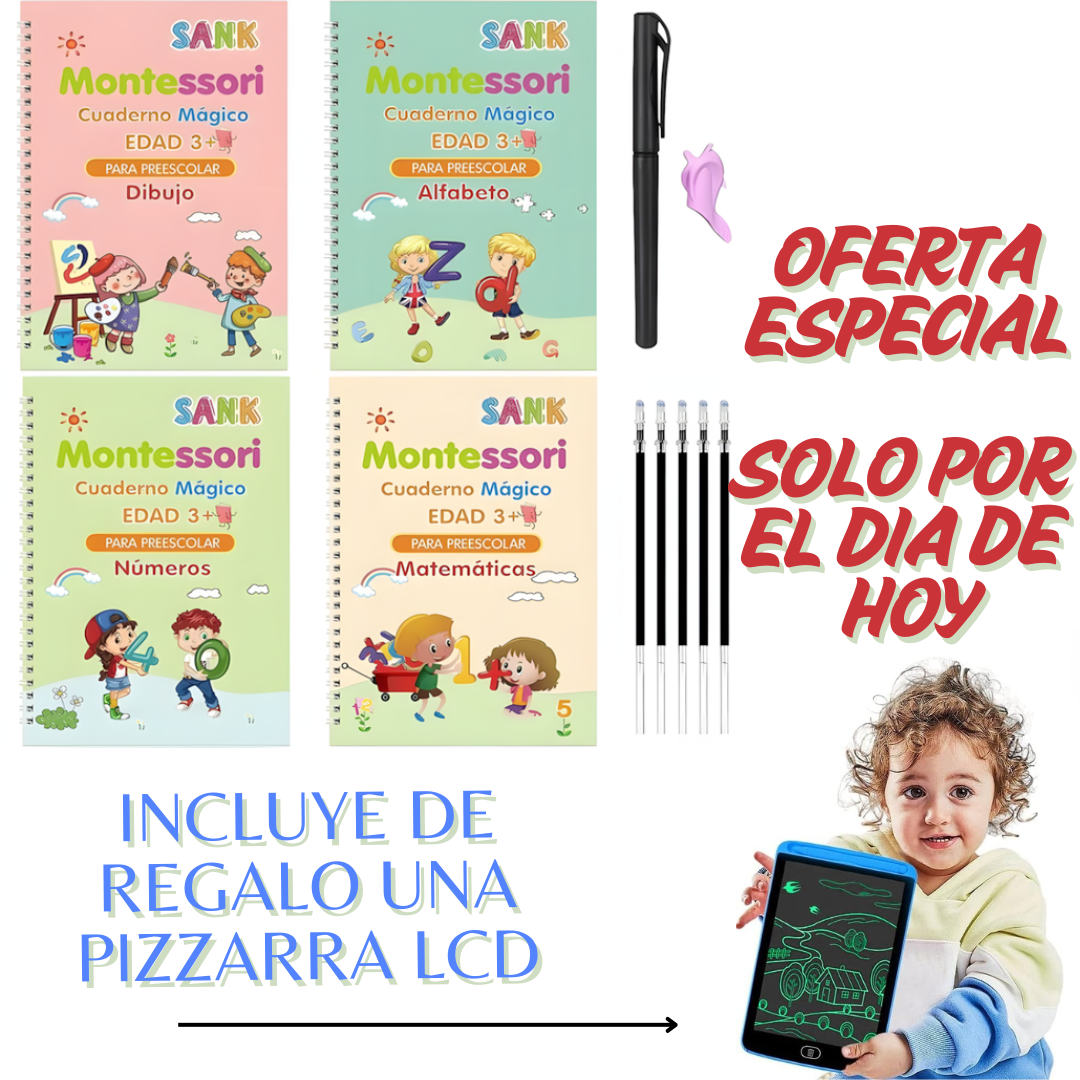 Edukids™ | Caligrafía Mágica - Set de 4 cuadernos con tinta que desaparece +REGALO