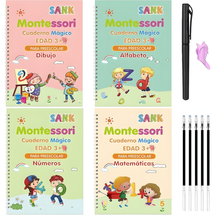 Edukids™ | Caligrafía Mágica - Set de 4 cuadernos con tinta que desaparece +REGALO