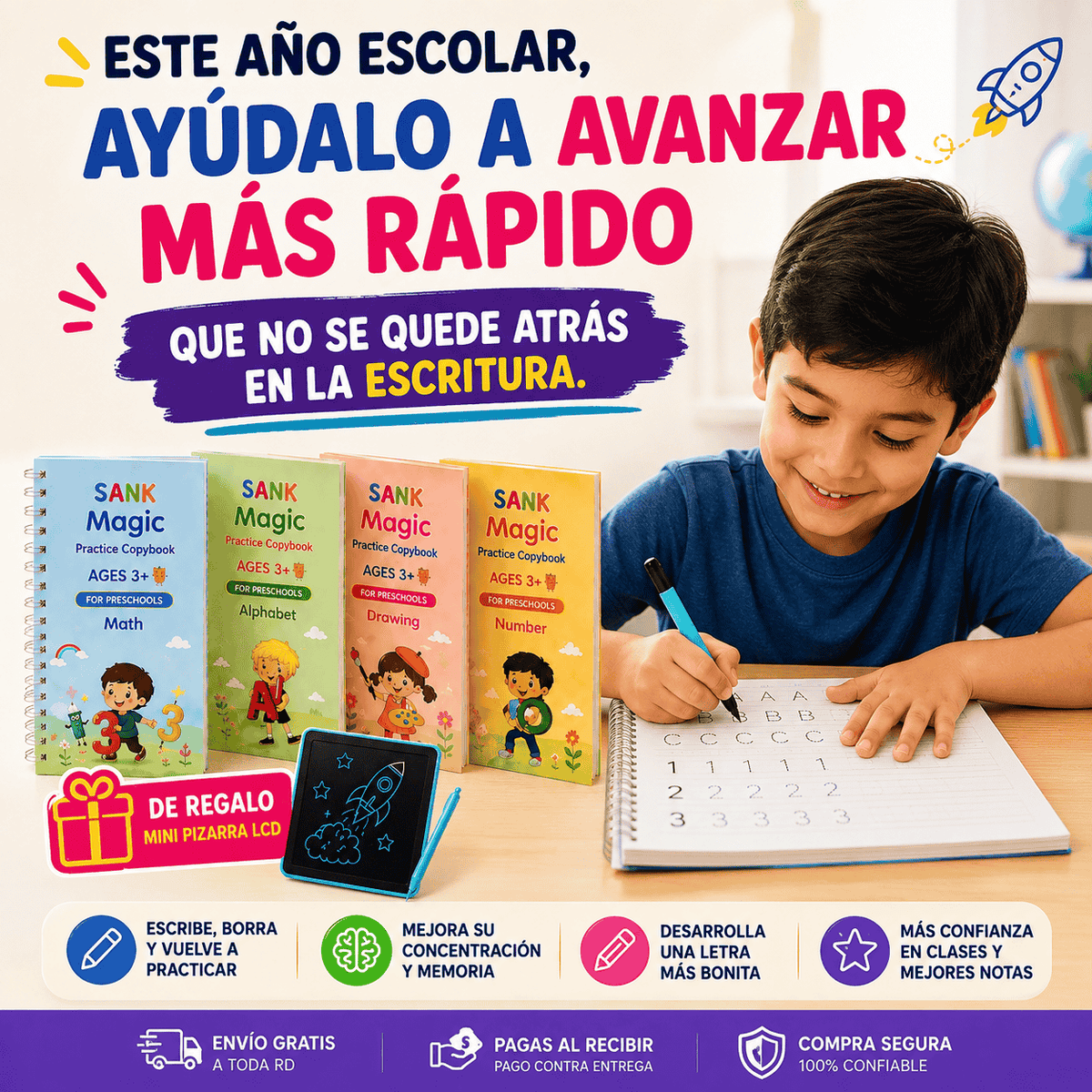 Edukids™ | Caligrafía Mágica - Set de 4 cuadernos con tinta que desaparece +REGALO Pizarra