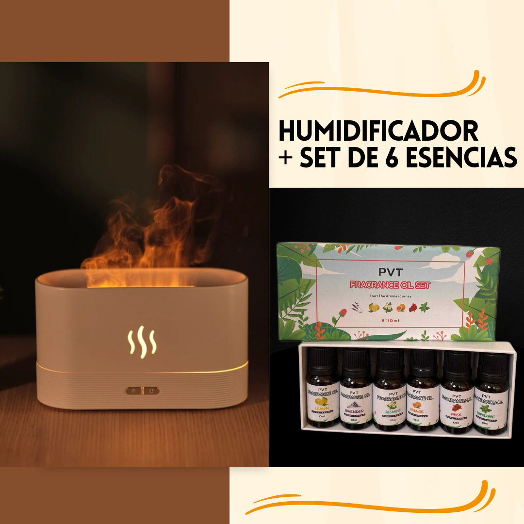 FlameMist™ | Humidificador Difusor de Aromas + Set 6 Esencias 10ml Aromáticas