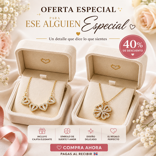 Elegante Collar Corazón Trébol + Cajita Regalo