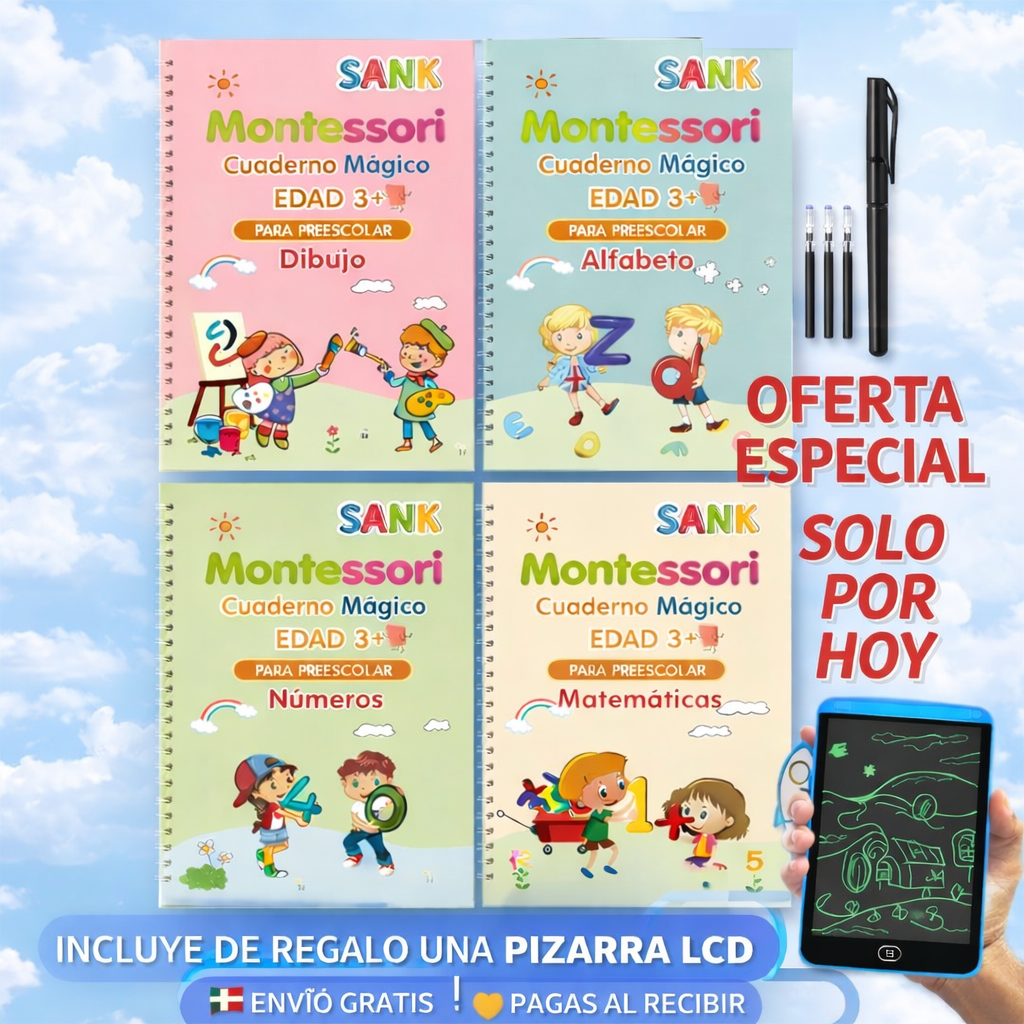 Edukids™ | Caligrafía Mágica - Set de 4 cuadernos con tinta que desaparece +REGALO Pizarra